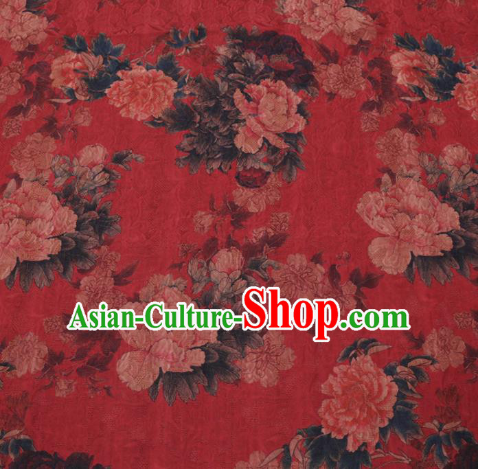 Asian Chinese Classical Peony Flowers Pattern Design Red Watered Gauze Fabric Traditional Silk Material