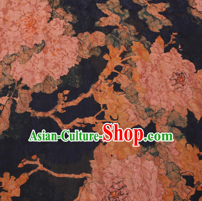 Asian Chinese Classical Peony Pattern Design Navy Watered Gauze Fabric Traditional Silk Material