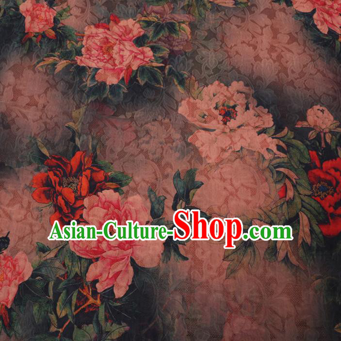 Asian Chinese Classical Peony Pattern Design Dark Green Watered Gauze Fabric Traditional Silk Material