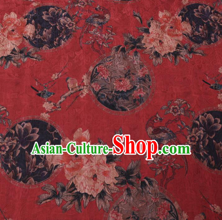 Chinese Classical Peony Plum Pattern Design Red Watered Gauze Fabric Asian Traditional Silk Material