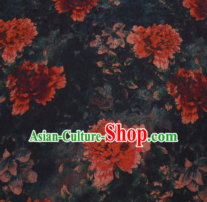 Chinese Classical Peony Flowers Pattern Design Black Watered Gauze Fabric Asian Traditional Silk Material