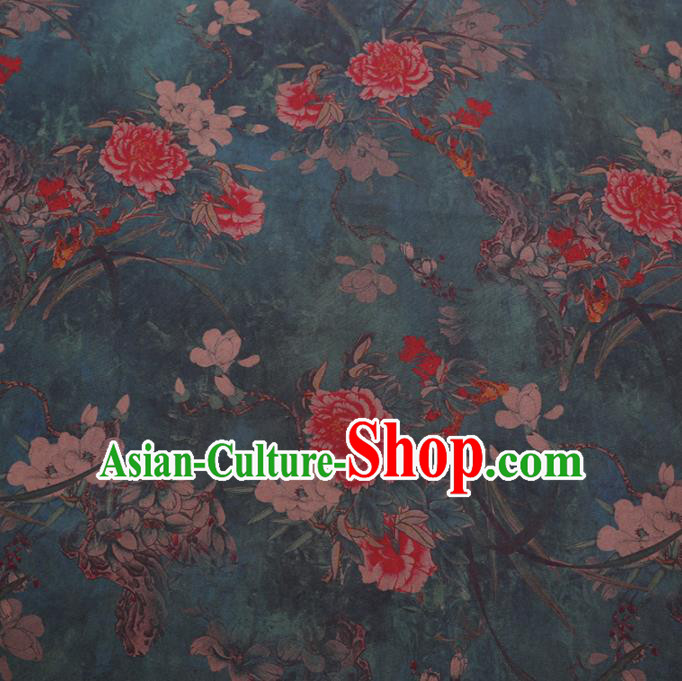 Chinese Cheongsam Classical Peony Magnolia Pattern Design Green Watered Gauze Fabric Asian Traditional Silk Material