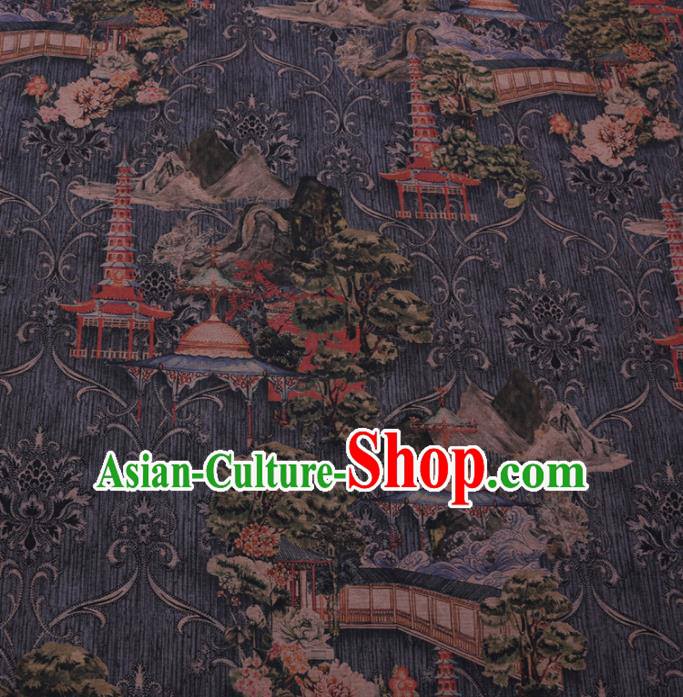 Chinese Cheongsam Classical Tower Pattern Design Grey Watered Gauze Fabric Asian Traditional Silk Material