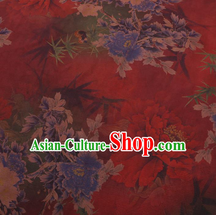 Chinese Cheongsam Classical Peony Bamboo Pattern Design Red Watered Gauze Fabric Asian Traditional Silk Material