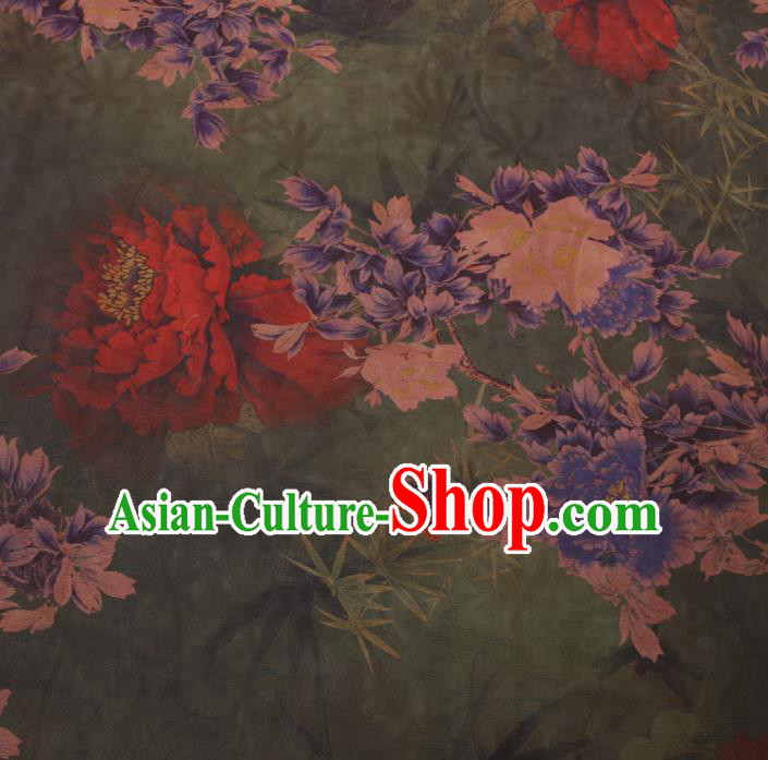 Chinese Cheongsam Classical Peony Bamboo Pattern Design Green Watered Gauze Fabric Asian Traditional Silk Material