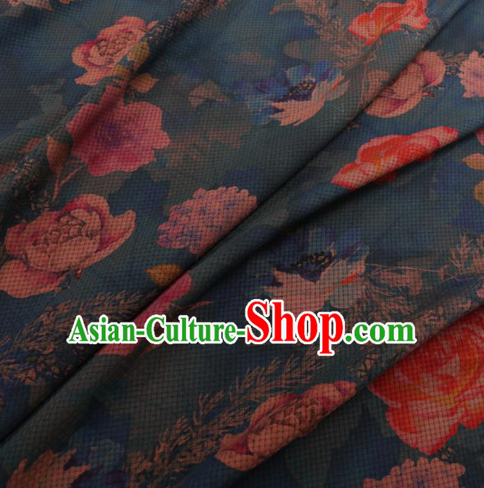 Chinese Cheongsam Classical Roses Pattern Design Blue Watered Gauze Fabric Asian Traditional Silk Material