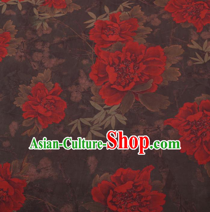 Chinese Cheongsam Classical Peony Pattern Design Brown Watered Gauze Fabric Asian Traditional Silk Material