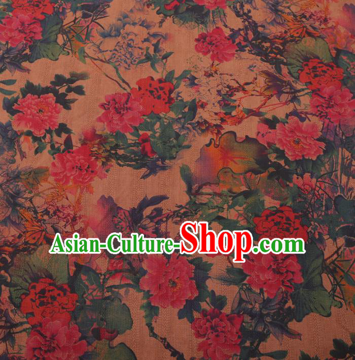 Chinese Cheongsam Classical Peony Pattern Design Ginger Watered Gauze Fabric Asian Traditional Silk Material