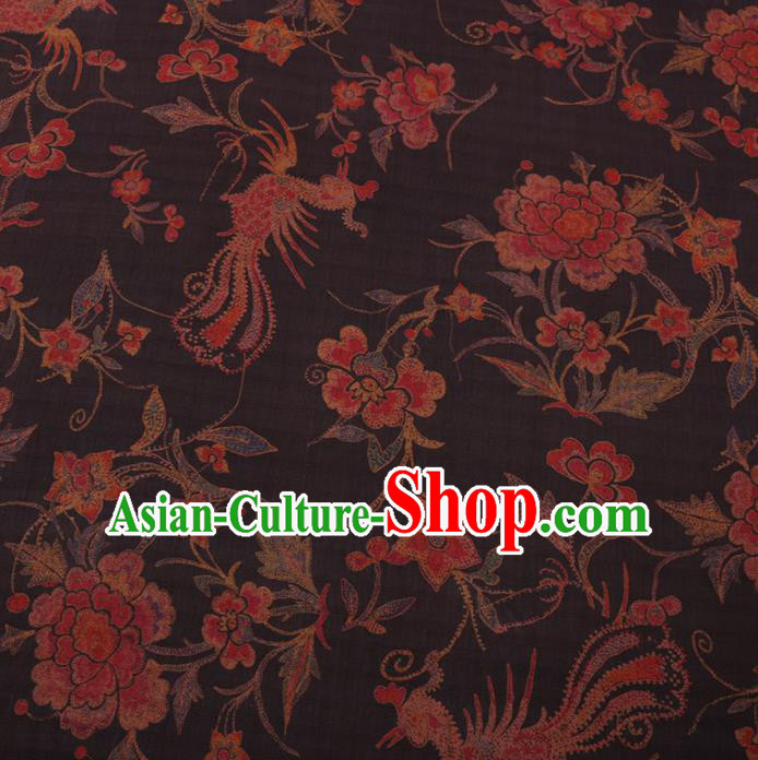 Chinese Cheongsam Classical Phoenix Peony Pattern Design Brown Watered Gauze Fabric Asian Traditional Silk Material