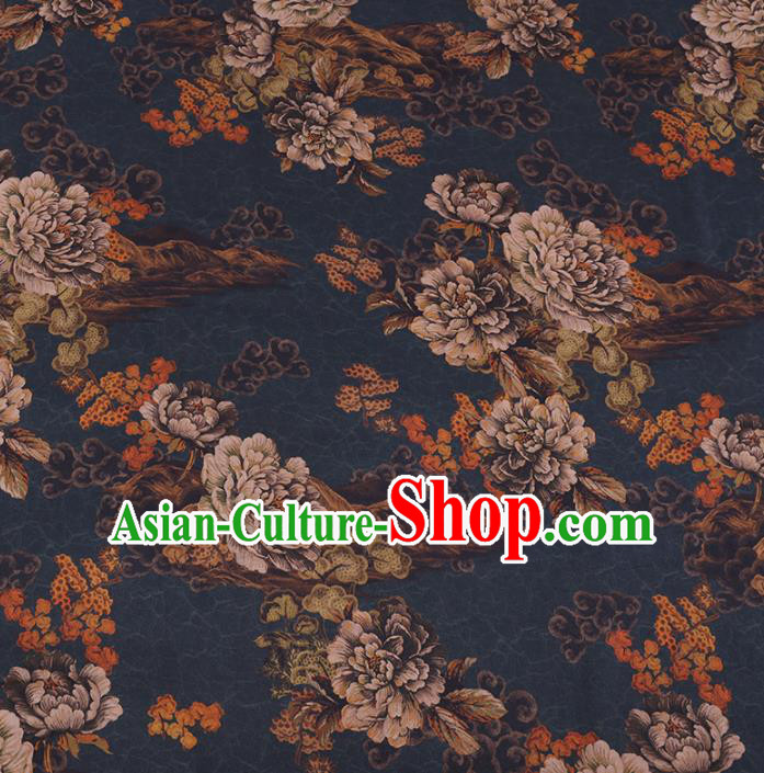 Chinese Cheongsam Classical Peony Pattern Design Navy Watered Gauze Fabric Asian Traditional Silk Material