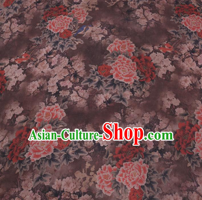 Chinese Cheongsam Classical Peony Pear Flowers Pattern Design Brown Watered Gauze Fabric Asian Traditional Silk Material