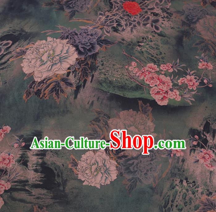 Chinese Cheongsam Classical Peony Magnolia Pattern Design Light Green Watered Gauze Fabric Asian Traditional Silk Material