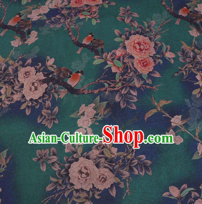 Chinese Cheongsam Classical Peony Bird Pattern Design Green Watered Gauze Fabric Asian Traditional Silk Material