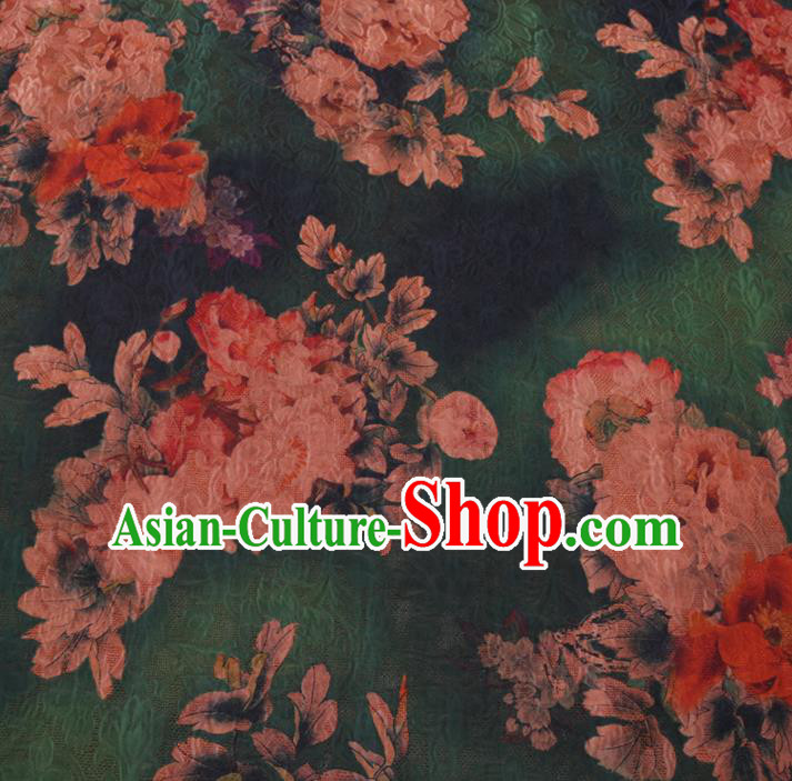 Asian Chinese Classical Peony Pattern Design Deep Green Watered Gauze Fabric Traditional Silk Material