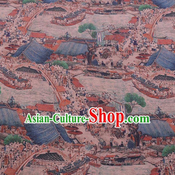 Chinese Cheongsam Classical Riverside Scene at Qingming Festival Pattern Design Watered Gauze Fabric Asian Traditional Silk Material