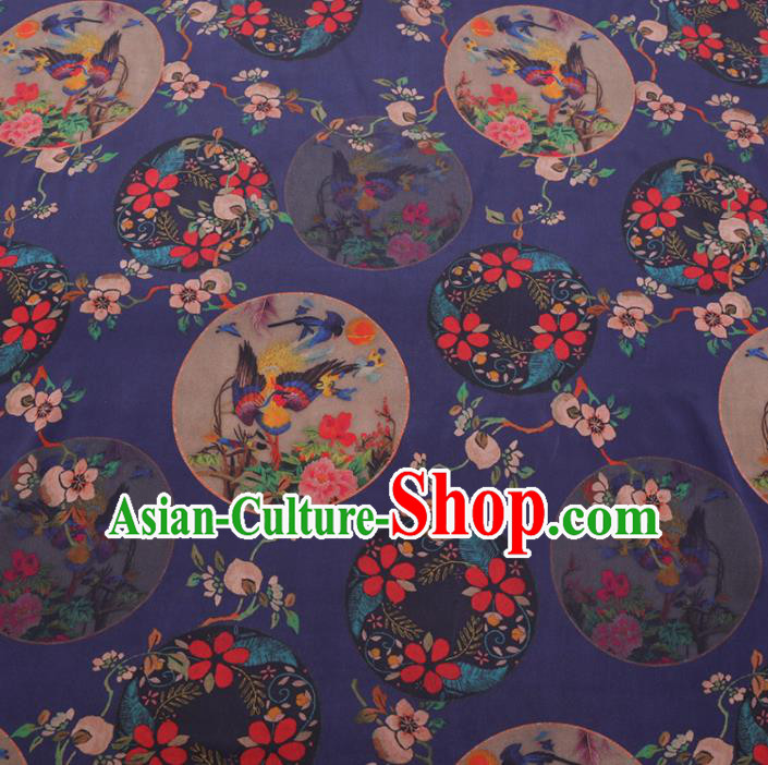 Chinese Cheongsam Classical Magpie Peony Pattern Design Deep Blue Watered Gauze Fabric Asian Traditional Silk Material