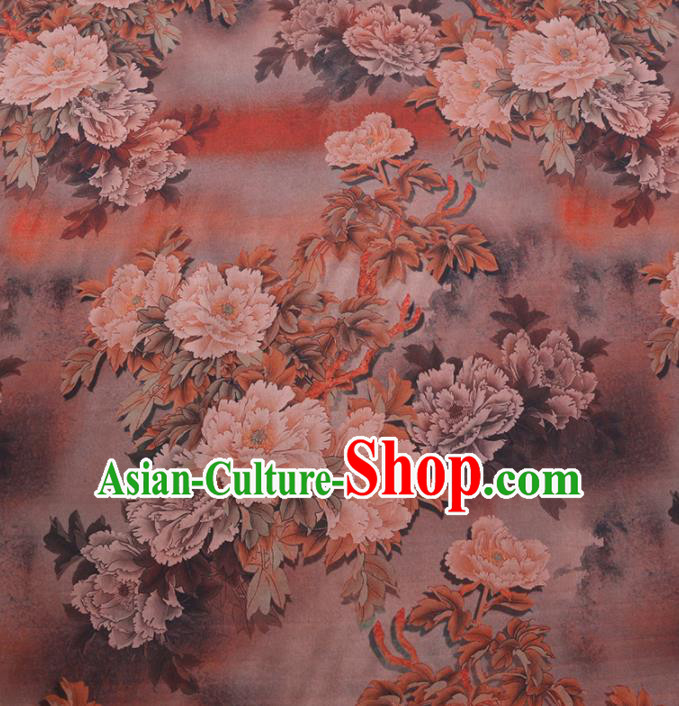 Chinese Cheongsam Classical Peony Pattern Design Khaki Watered Gauze Fabric Asian Traditional Silk Material