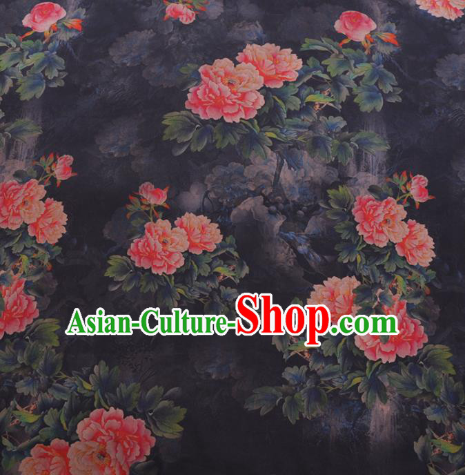 Chinese Cheongsam Classical Peony Pattern Design Navy Watered Gauze Fabric Asian Traditional Silk Material