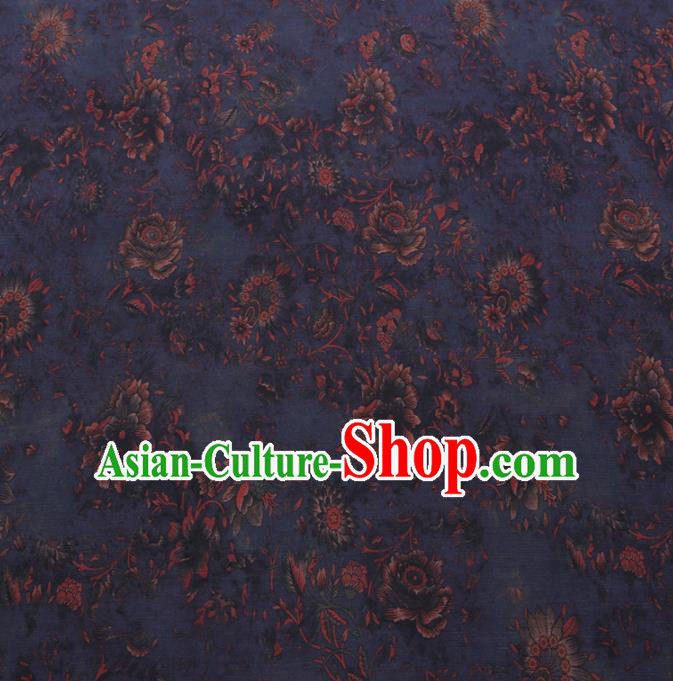 Chinese Cheongsam Classical Flowers Pattern Design Navy Watered Gauze Fabric Asian Traditional Silk Material