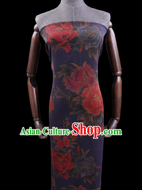 Chinese Cheongsam Classical Peony Plum Pattern Design Deep Blue Watered Gauze Fabric Asian Traditional Silk Material