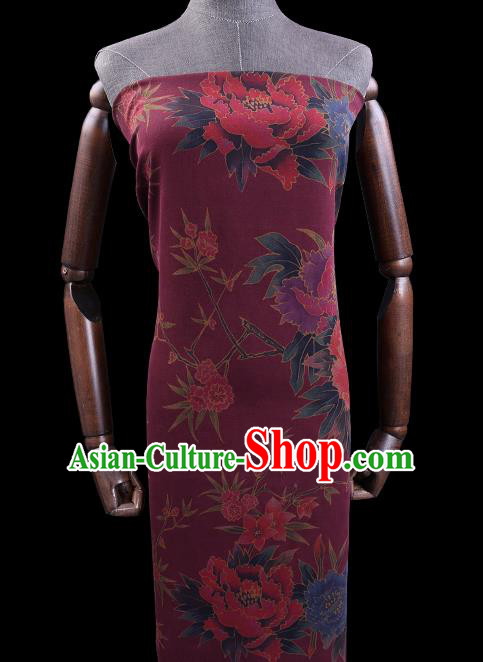 Chinese Cheongsam Classical Peony Plum Pattern Design Wine Red Watered Gauze Fabric Asian Traditional Silk Material