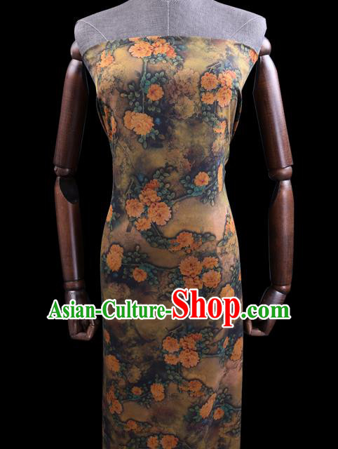 Chinese Cheongsam Classical Peony Pattern Design Olive Green Watered Gauze Fabric Asian Traditional Silk Material