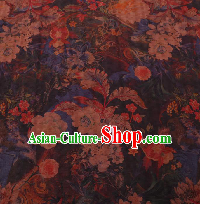 Chinese Cheongsam Classical Flowers Pattern Design Navy Watered Gauze Fabric Asian Traditional Silk Material