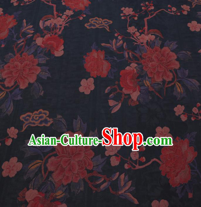 Chinese Cheongsam Classical Peony Plum Pattern Design Black Watered Gauze Fabric Asian Traditional Silk Material