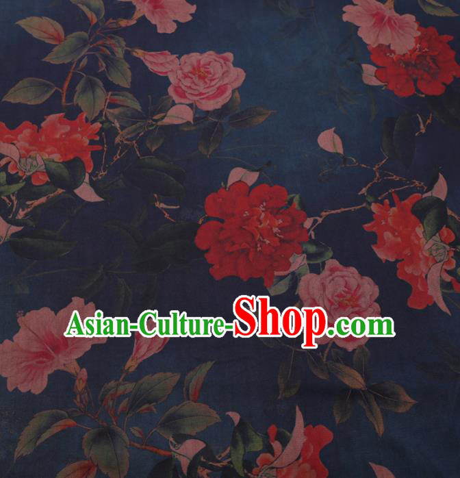 Chinese Cheongsam Classical Peony Flowers Pattern Design Navy Watered Gauze Fabric Asian Traditional Silk Material