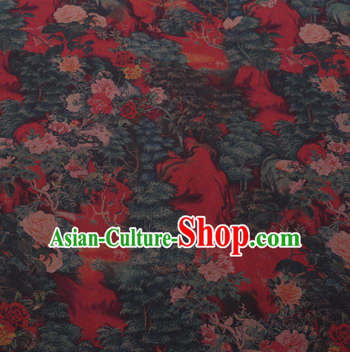 Chinese Cheongsam Classical Peony Tree Pattern Design Red Watered Gauze Fabric Asian Traditional Silk Material
