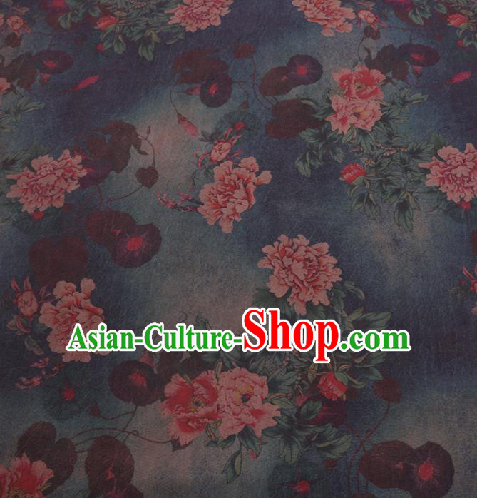 Chinese Cheongsam Classical Peony Pattern Design Deep Blue Watered Gauze Fabric Asian Traditional Silk Material