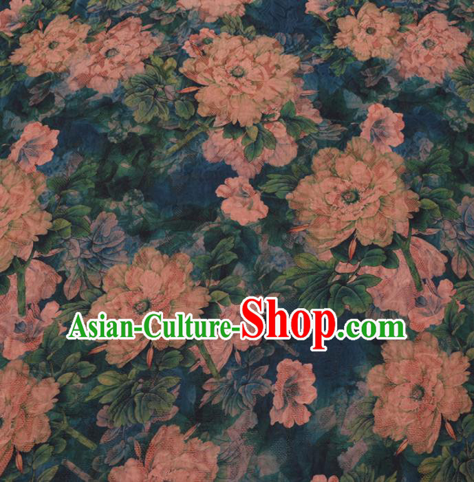 Asian Chinese Classical Peony Pattern Design Blue Watered Gauze Fabric Traditional Silk Material