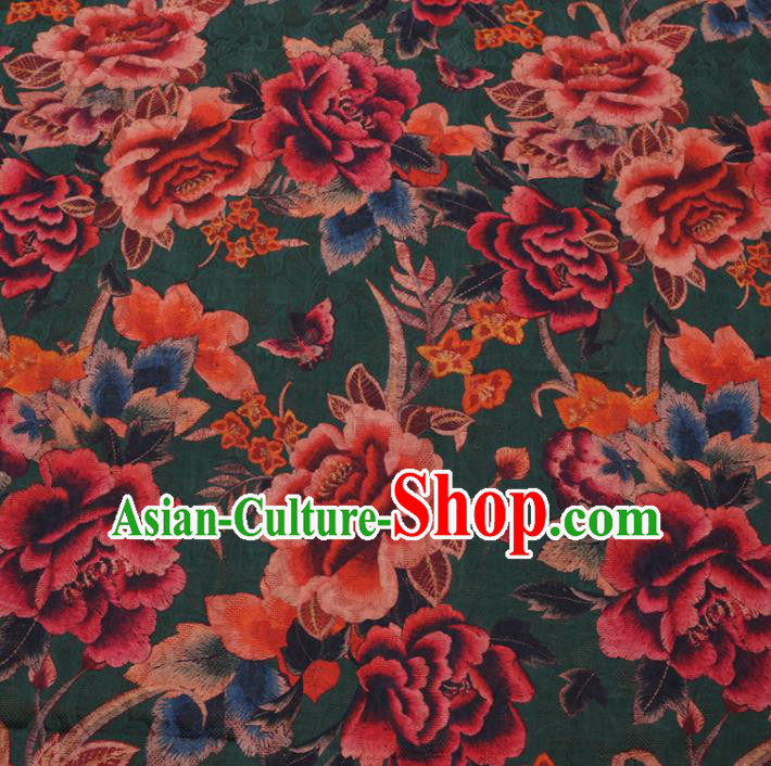 Asian Chinese Classical Peony Butterfly Pattern Design Deep Green Watered Gauze Fabric Traditional Silk Material