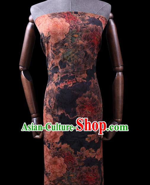 Chinese Cheongsam Classical Peony Pattern Design Black Watered Gauze Fabric Asian Traditional Silk Material