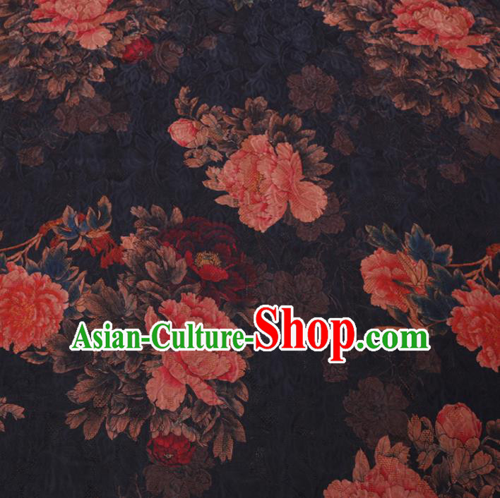 Chinese Cheongsam Classical Peony Pattern Design Black Watered Gauze Fabric Asian Traditional Silk Material