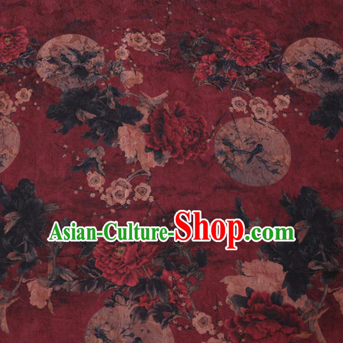 Asian Chinese Classical Peony Plum Pattern Design Dark Red Watered Gauze Fabric Traditional Silk Material