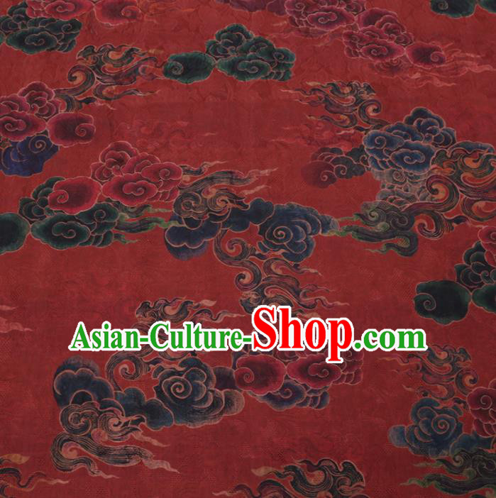 Asian Chinese Classical Auspicious Cloud Pattern Design Dark Red Watered Gauze Fabric Traditional Silk Material