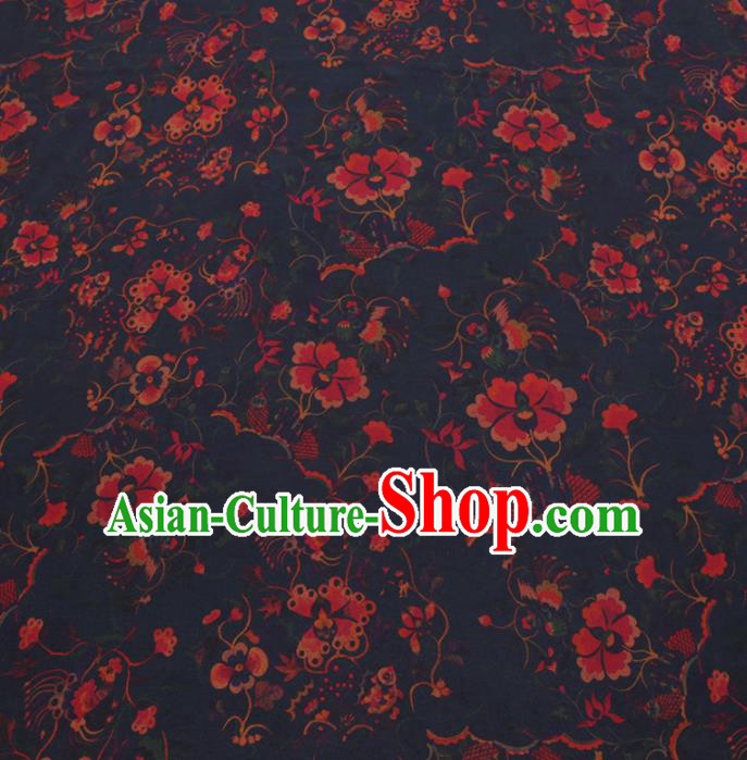 Chinese Cheongsam Classical Flowers Pattern Design Navy Watered Gauze Fabric Asian Traditional Silk Material