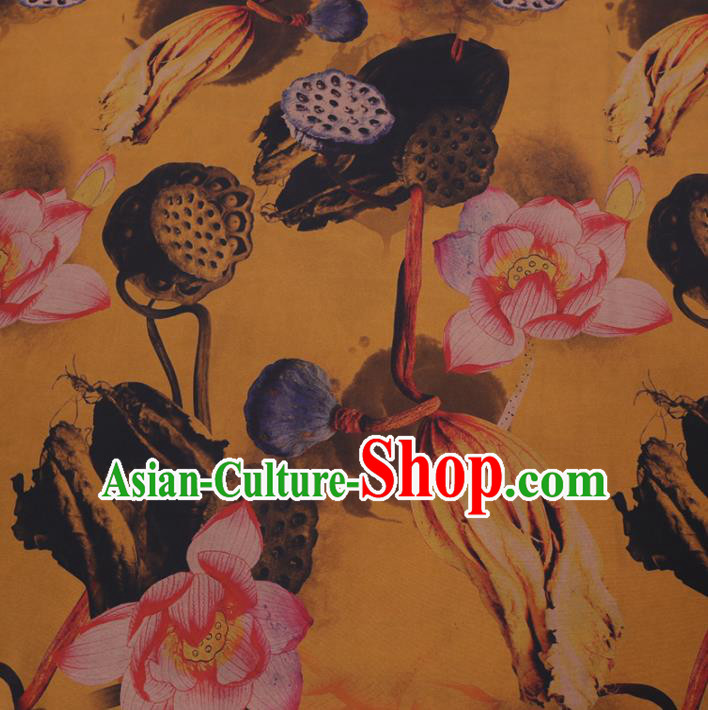 Chinese Cheongsam Classical Lotus Pattern Design Yellow Watered Gauze Fabric Asian Traditional Silk Material