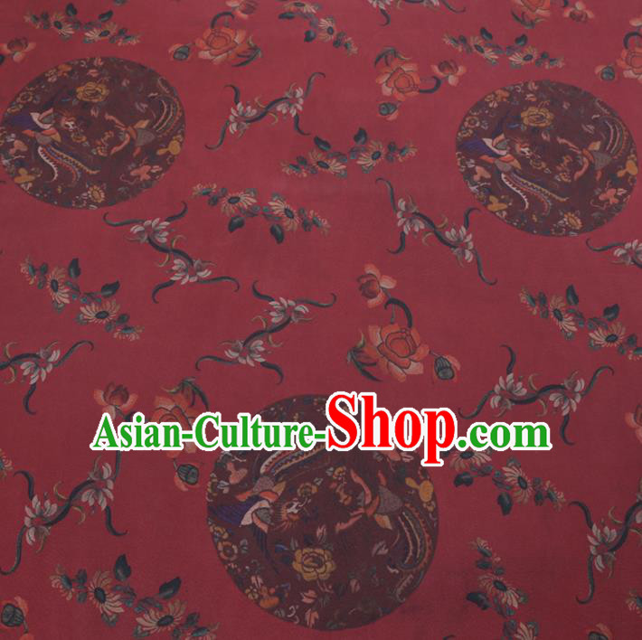 Chinese Cheongsam Classical Phoenix Peony Pattern Design Dark Red Watered Gauze Fabric Asian Traditional Silk Material