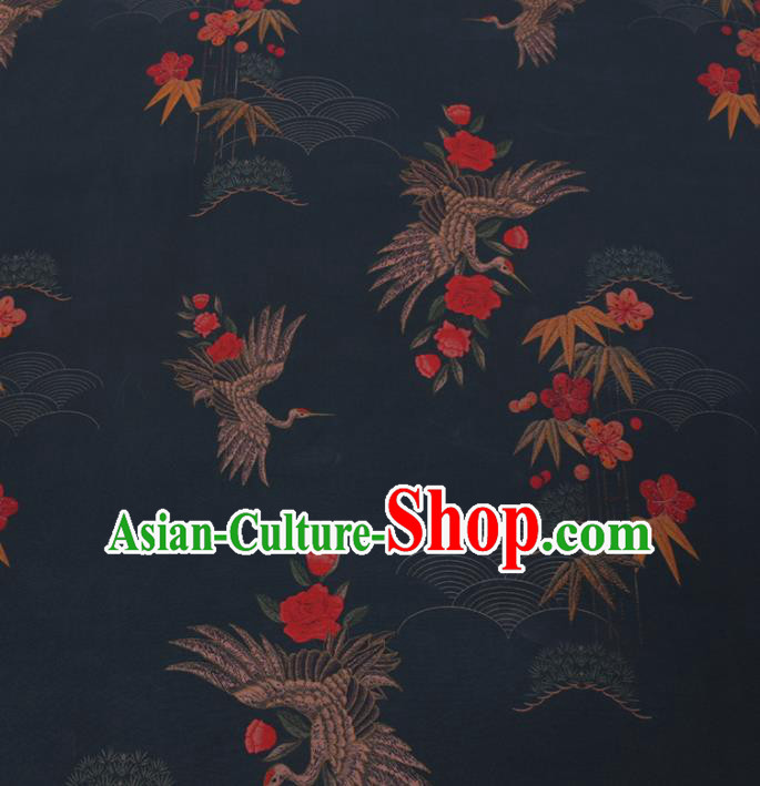 Chinese Cheongsam Classical Crane Bamboo Leaf Pattern Design Navy Watered Gauze Fabric Asian Traditional Silk Material