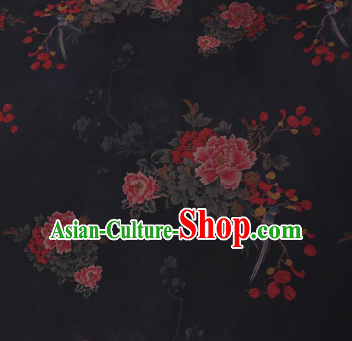 Chinese Cheongsam Classical Peony Bird Pattern Design Black Watered Gauze Fabric Asian Traditional Silk Material