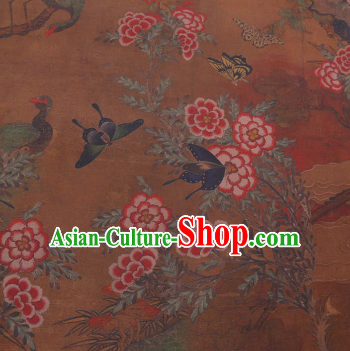 Chinese Cheongsam Classical Flowers Butterfly Pattern Design Ginger Watered Gauze Fabric Asian Traditional Silk Material