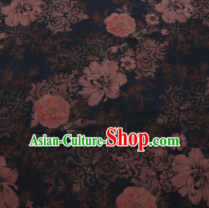 Chinese Cheongsam Classical Camellia Pattern Design Navy Watered Gauze Fabric Asian Traditional Silk Material