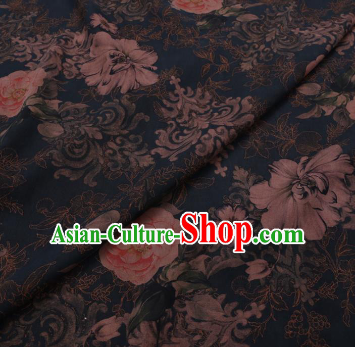 Chinese Cheongsam Classical Camellia Pattern Design Navy Watered Gauze Fabric Asian Traditional Silk Material