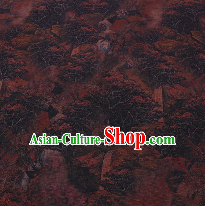 Chinese Cheongsam Classical Landscape Pattern Design Brown Watered Gauze Fabric Asian Traditional Silk Material