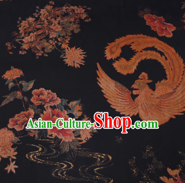 Chinese Cheongsam Classical Phoenix Peony Pattern Design Black Watered Gauze Fabric Asian Traditional Silk Material