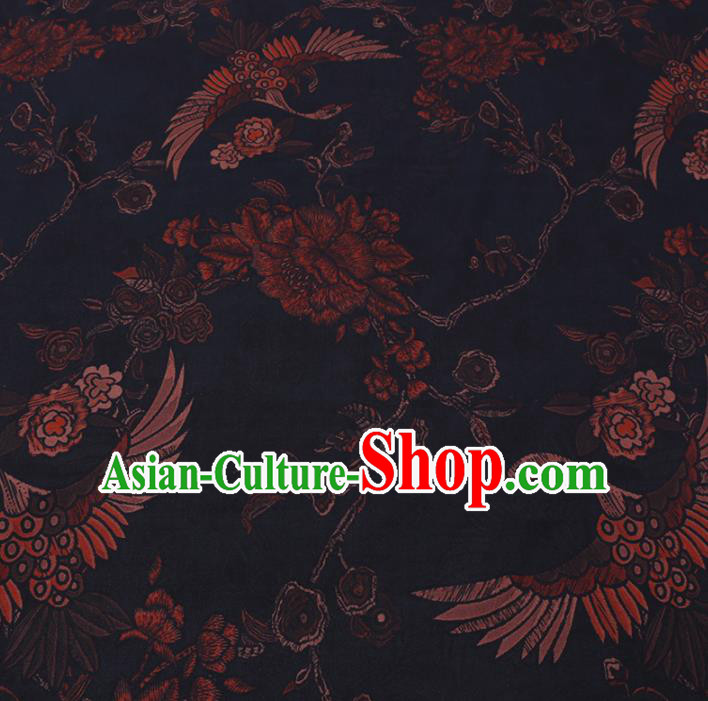 Chinese Cheongsam Classical Crane Peony Pattern Design Black Watered Gauze Fabric Asian Traditional Silk Material