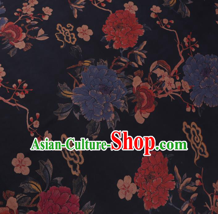 Chinese Cheongsam Classical Peony Plum Pattern Design Black Watered Gauze Fabric Asian Traditional Silk Material