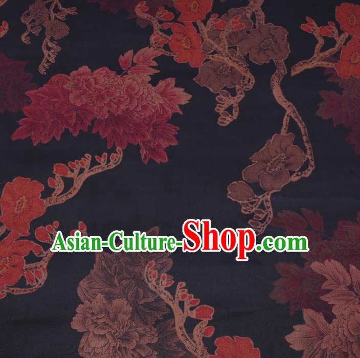 Chinese Cheongsam Classical Magnolia Peony Pattern Design Black Watered Gauze Fabric Asian Traditional Silk Material